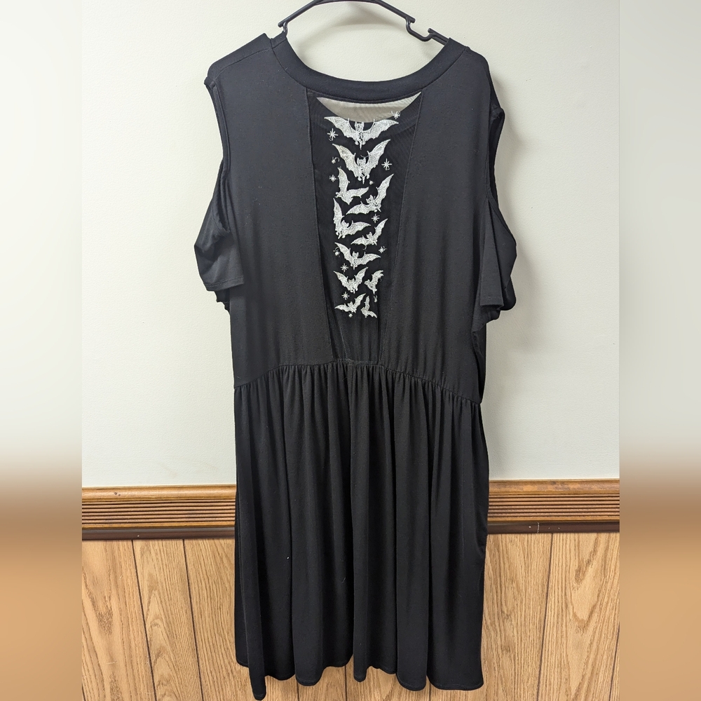 Midnight Hour Embroidered Bats Cold Shoulder Dress